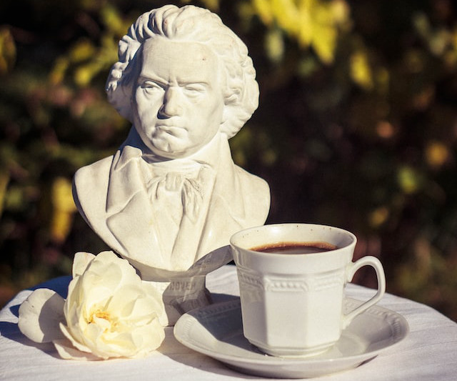 Bust of Beethoven with a cup of coffee